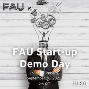 Suit-Man with light bulb head + FAU Start-up Demo Day slogan